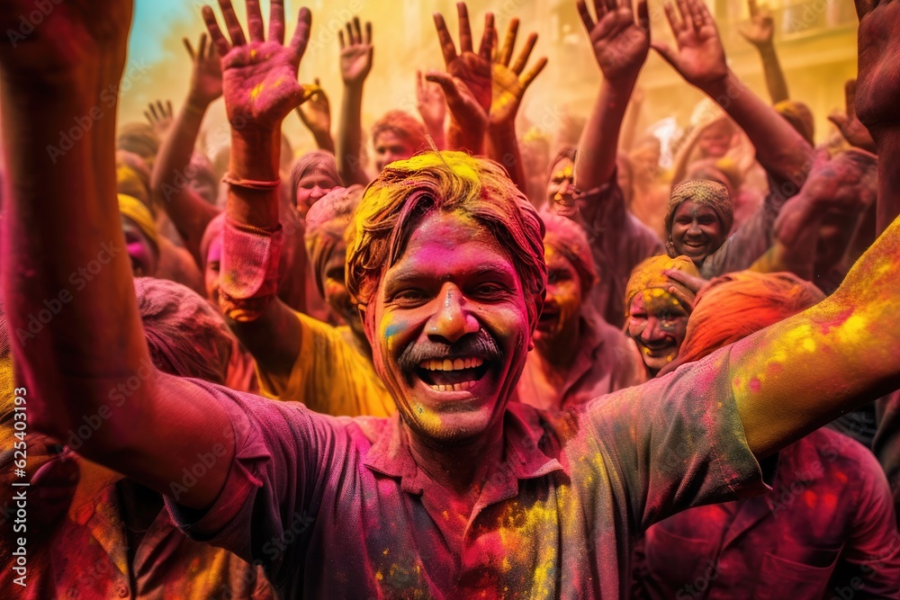 Happy Indians celebrate the colorful festival of Holi in India. Generative Ai Happy Indians celebrate the colorful festival of Holi in India. Generative Ai