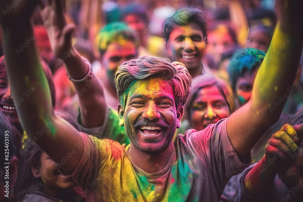 Obraz premium Happy Indians celebrate the colorful festival of Holi in India. Generative Ai