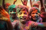 Happy Indian boys celebrate the colorful festival of Holi in India. Generative Ai