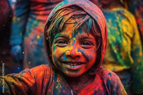 Happy Indian boy celebrate the colorful festival of Holi in India. Generative Ai