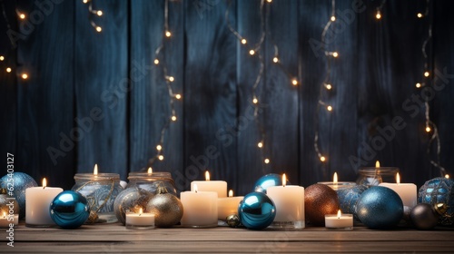 A wood background template with fairy lights, Christmas lamps, baubles, and candles.