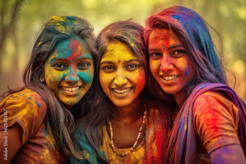 Happy Indian girls celebrate the colorful festival of Holi in India. Generative Ai © tong2530