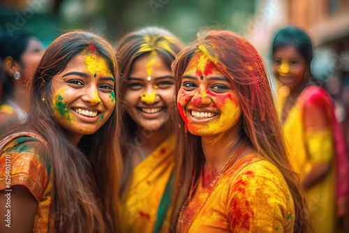Happy Indian girls celebrate the colorful festival of Holi in India. Generative Ai