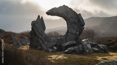 A Vertical Rock Formation With a Large Circle Carved Within It Set Against Hills and a Valley Generative AI