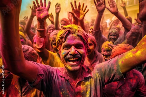 Happy Indians celebrate the colorful festival of Holi in India. Generative Ai