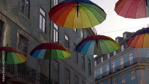 Rua Cor de Rosa Decorated With Colorful Umbrellas In Lisbon, Portugal. Low Angle 