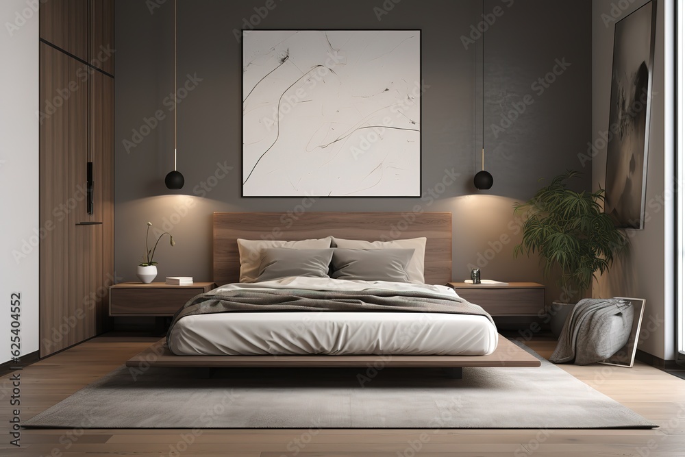 A mid - century modern bedroom with a geometric accent wall, a platform bed, and vintage decor. generative ai A mid - century modern bedroom with a geometric accent wall, a platform bed, and vintage decor. generative ai