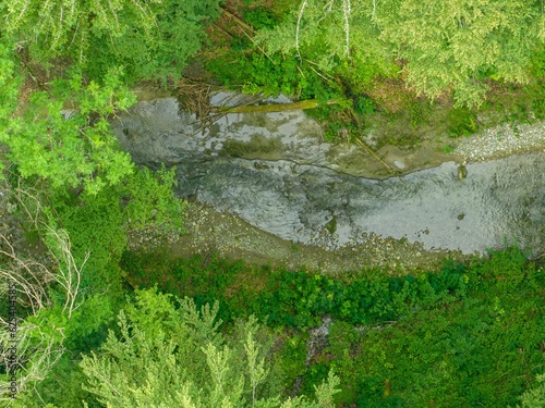 Fototapeta Naklejka Na Ścianę i Meble -  Aerial view of creek flowing through valley with dense forest. 