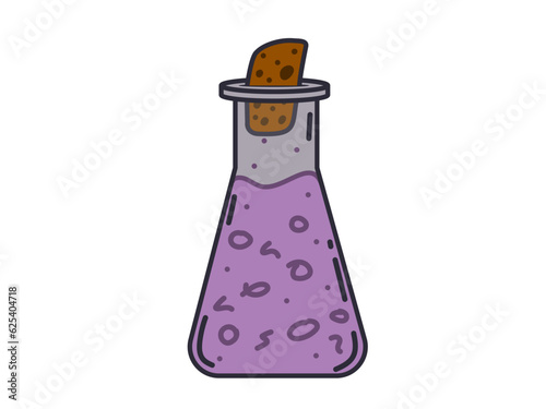 A bottle with a witch's potion. Clip Art. Bottle with magic elixir or poison. Occult vector symbol. Alchemical design element. 