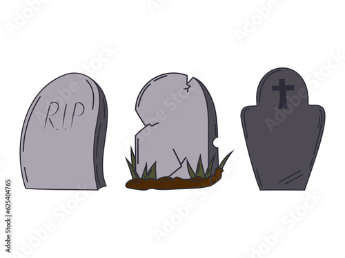 Set of gravestones with rest in peace inscription. Old tomb collection cartoon design. Clip art. Halloween elements for decor concept Isolated on white background.