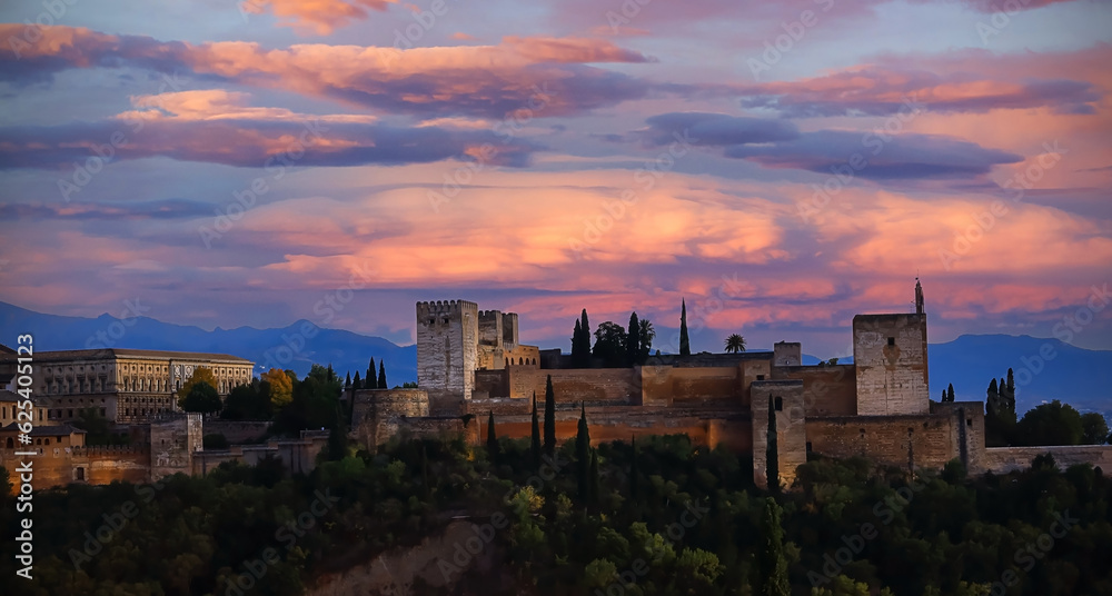The landscape  view with Alhambra of Granada, Spain. Alhambra fortress and Albaicin quarter at twilight sky scene