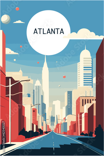 USA United States of America Atlanta abstract street view panorama banner. Travel guide Georgia state city flat vector brochure retro style.