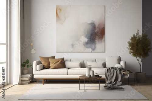 Stylish mint sofa, furnishings, mock up poster map, plants, and attractive personal accessories decorate this contemporary Scandinavian living room. Generative AI