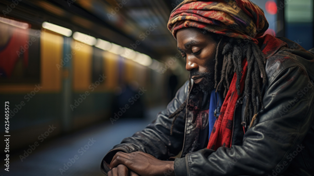Afro Homeless at train terminal. Social crisis, unemployment Afro Homeless at train terminal. Social crisis, unemployment