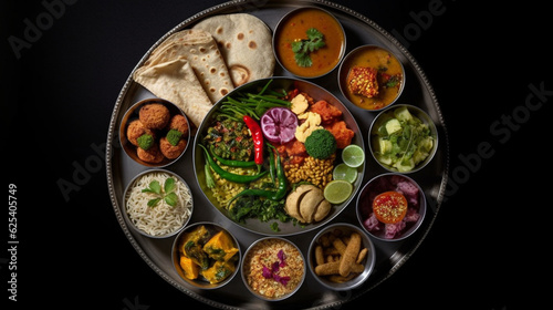 Assorted indian food on black background, Generative AI.