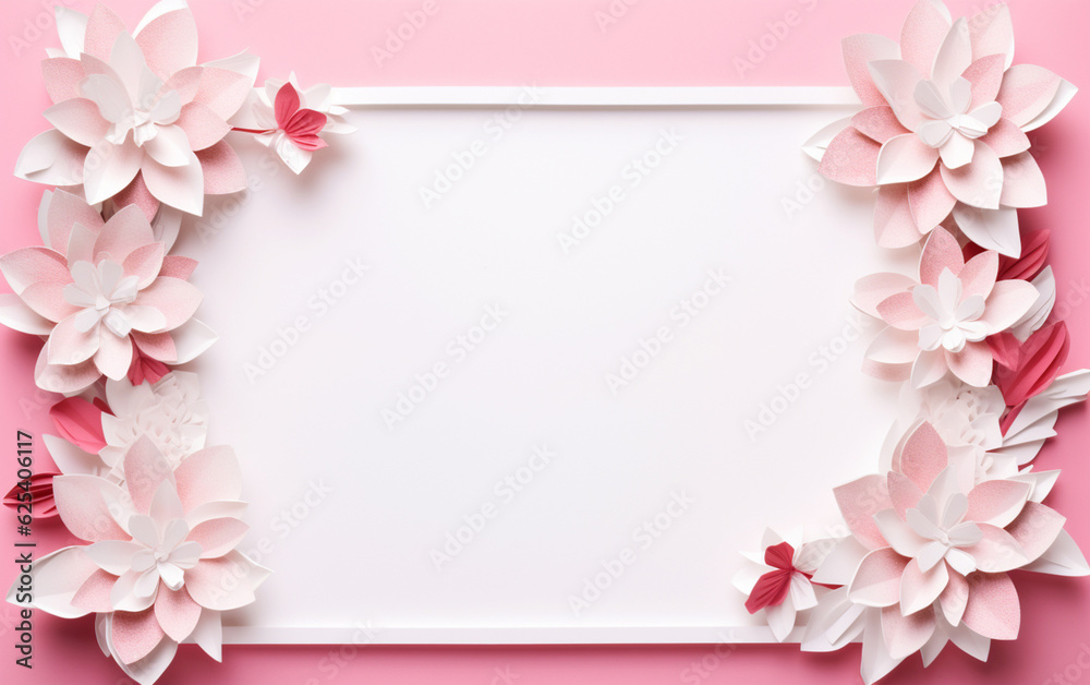 A pink and white paper photo frame with flowers on it