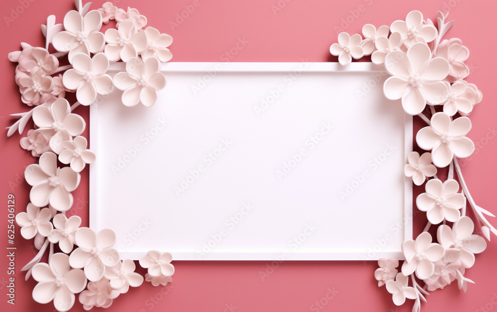 A pink and white paper photo frame with flowers on it