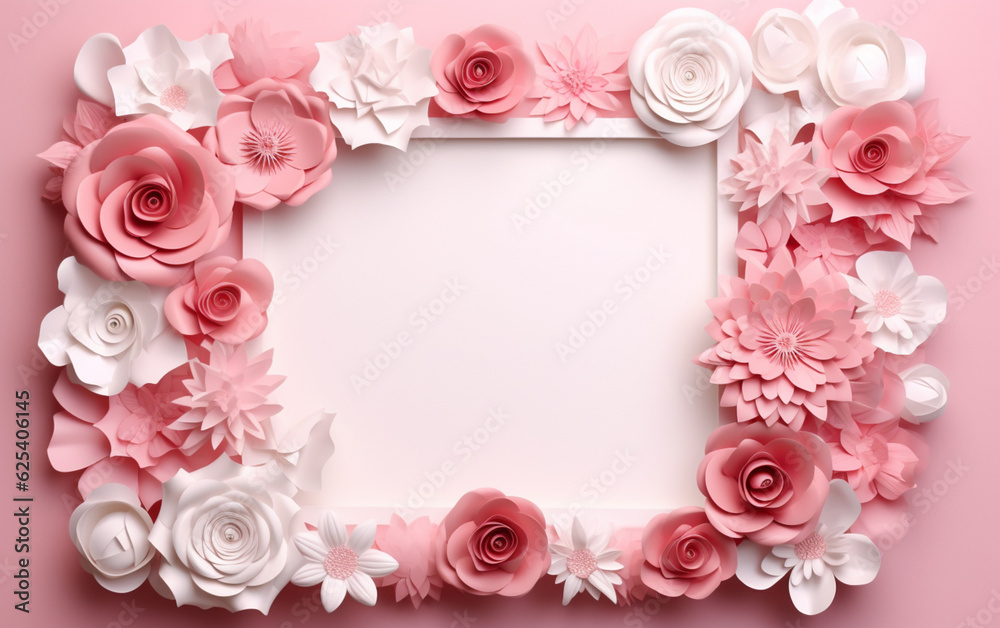 A pink and white paper photo frame with flowers on it