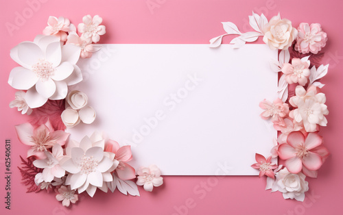 A pink and white paper photo frame with flowers on it