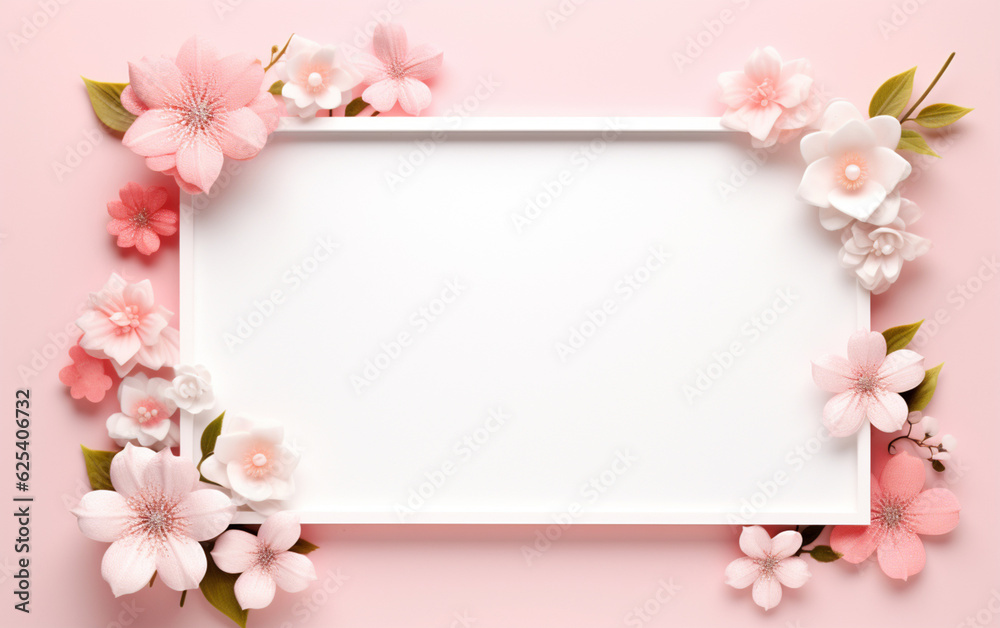 Fototapeta premium A pink and white paper photo frame with flowers on it