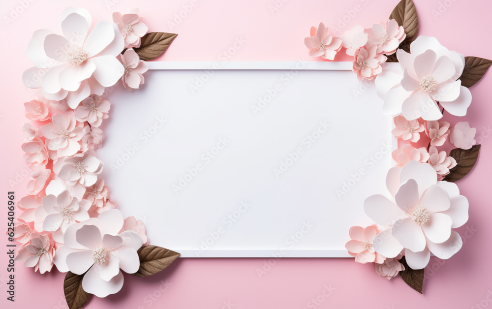 A pink and white paper photo frame with flowers on it A pink and white paper photo frame with flowers on it