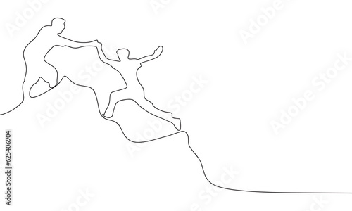 Help climb to the top. One line continuous concept business banner. Line art vector illustration. Outline silhouette with copy space.
