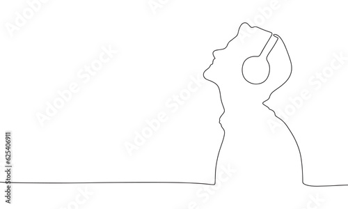 Man with headphones. One line continuous concept music banner. Line art vector illustration. Outline silhouette with copy space.