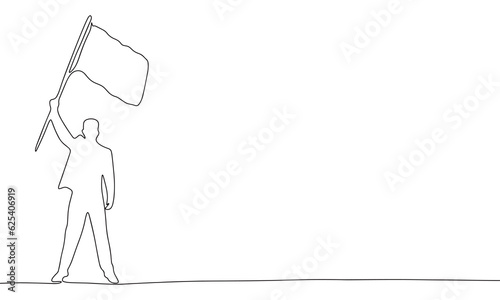 Man with flag in hand. One line continuous concept freedom banner. Line art vector illustration. Outline silhouette with copy space.