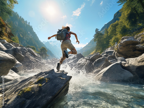 a woman hiker jumps over the river stream from a rock to another.