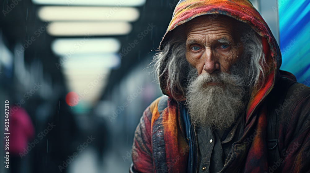 Caucasian Homeless at train terminal. Social crisis, unemployment Caucasian Homeless at train terminal. Social crisis, unemployment