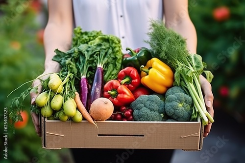 organic farmer Male hand standing in vegetable field holding wooden box with beautiful fresh vegetables. Organic vegetables and healthy lifestyle concept Generated with AI