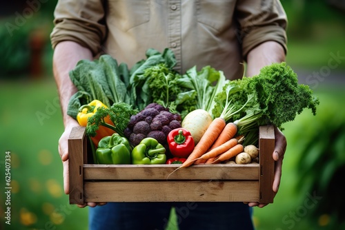organic farmer Male hand standing in vegetable field holding wooden box with beautiful fresh vegetables. Organic vegetables and healthy lifestyle concept Generated with AI