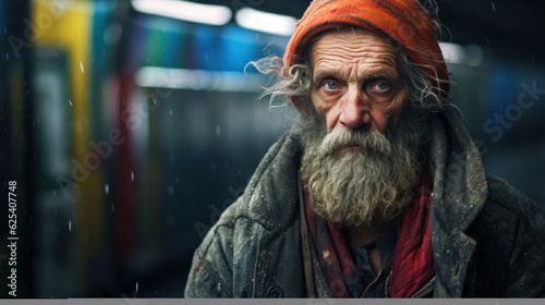 Caucasian Homeless at train terminal. Social crisis, unemployment