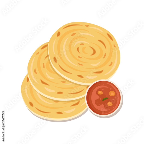 Roti canai (roti cane) or roti parotta, an Indian flatbread illustration