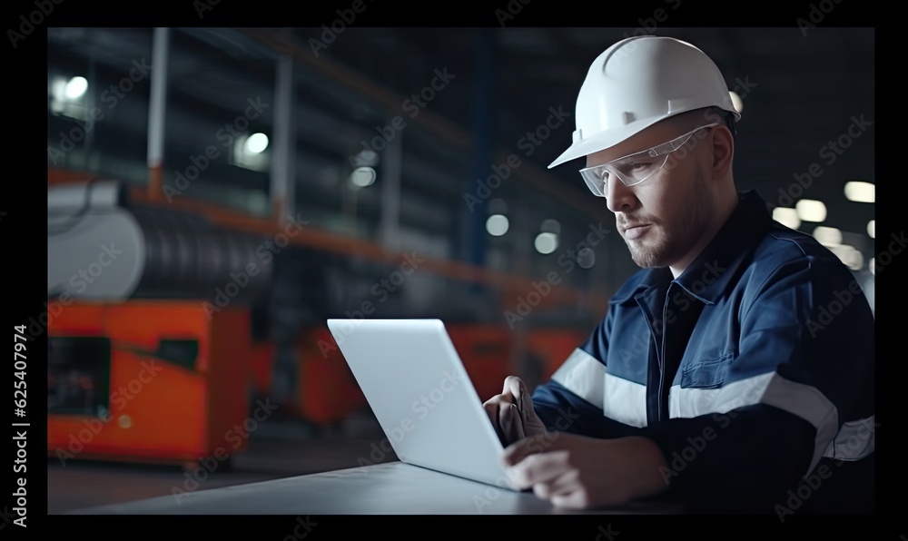 Engineer in hard hat and uniform using laptop at car assembly factory Creating using generative AI tools Engineer in hard hat and uniform using laptop at car assembly factory Creating using generative AI tools