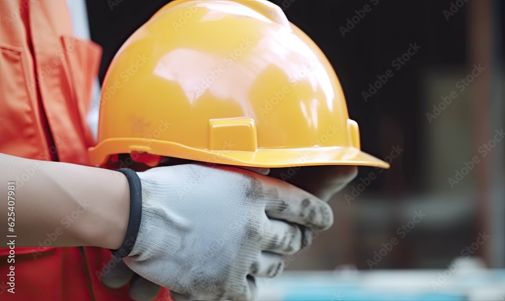 Protective hard hat held in a hand on a construction site. Creating using generative AI tools Protective hard hat held in a hand on a construction site. Creating using generative AI tools