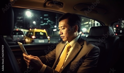 Digital technology at work: Asian businessman multitasking in car with tablet Creating using generative AI tools © uhdenis