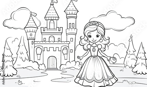 Print out the line art of the cartoon princess and castle and start coloring.