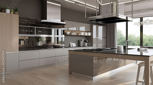 Kitchen Interior with Island  Sink  Cabinets  and Hardwood Floors in New Luxury Home. Features Elegant Pendant Light Fixtures  and Farmhouse Sink next to Window