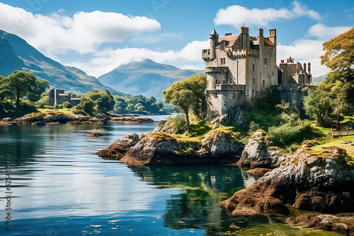 Castle on the banks of a river in Scotland. Generative AI