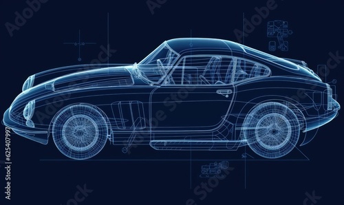 Visual representation of car's intricate details in an infographic blueprint. Creating using generative AI tools