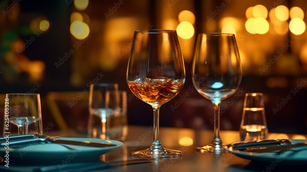 Empty glasses set in restaurant, Generative AI. Empty glasses set in restaurant, Generative AI.