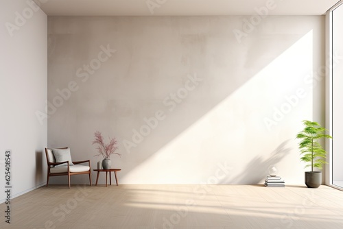 A 3D rendering showcases a minimalistic interior room with a white wall.