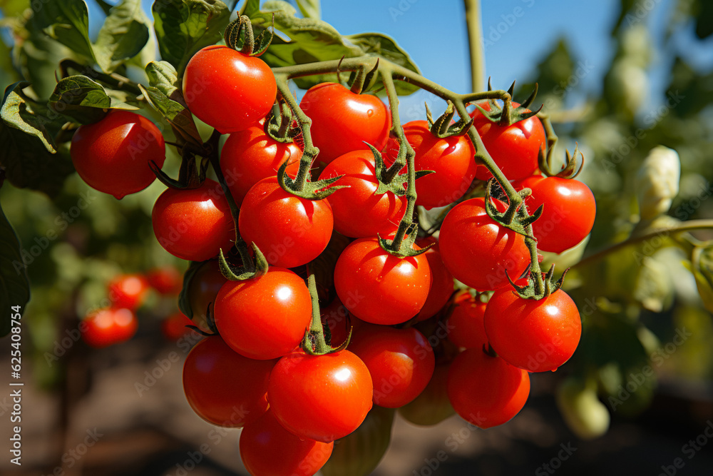 Small Tomatoes On A Branch Against The Background Of A Kitchen Garden Created With The Help Of Artificial Intelligence