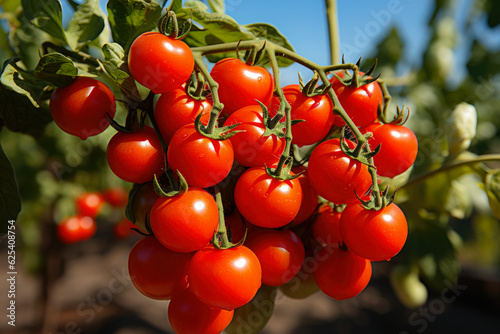 Small Tomatoes On A Branch Against The Background Of A Kitchen Garden Created With The Help Of Artificial Intelligence