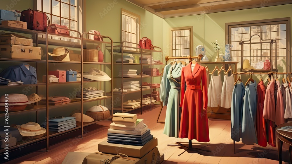 Fototapeta premium A vintage clothing store filled with classic, retro-style garments. Generative AI