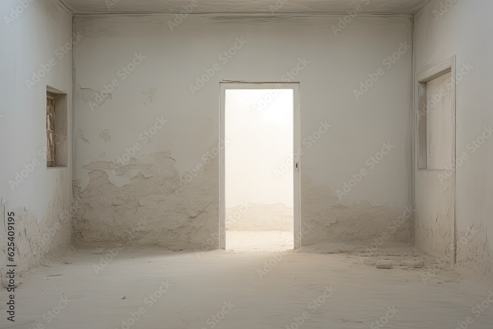 a room with no decorations, entirely painted in white, and containing only a single door