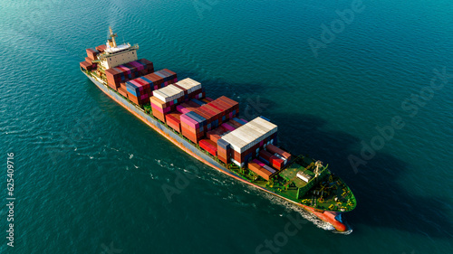 cargo container ship carrying in sea import export goods and distributing products to dealer consumers across Asia pacific and worldwide global business transportation by container ship open sea 