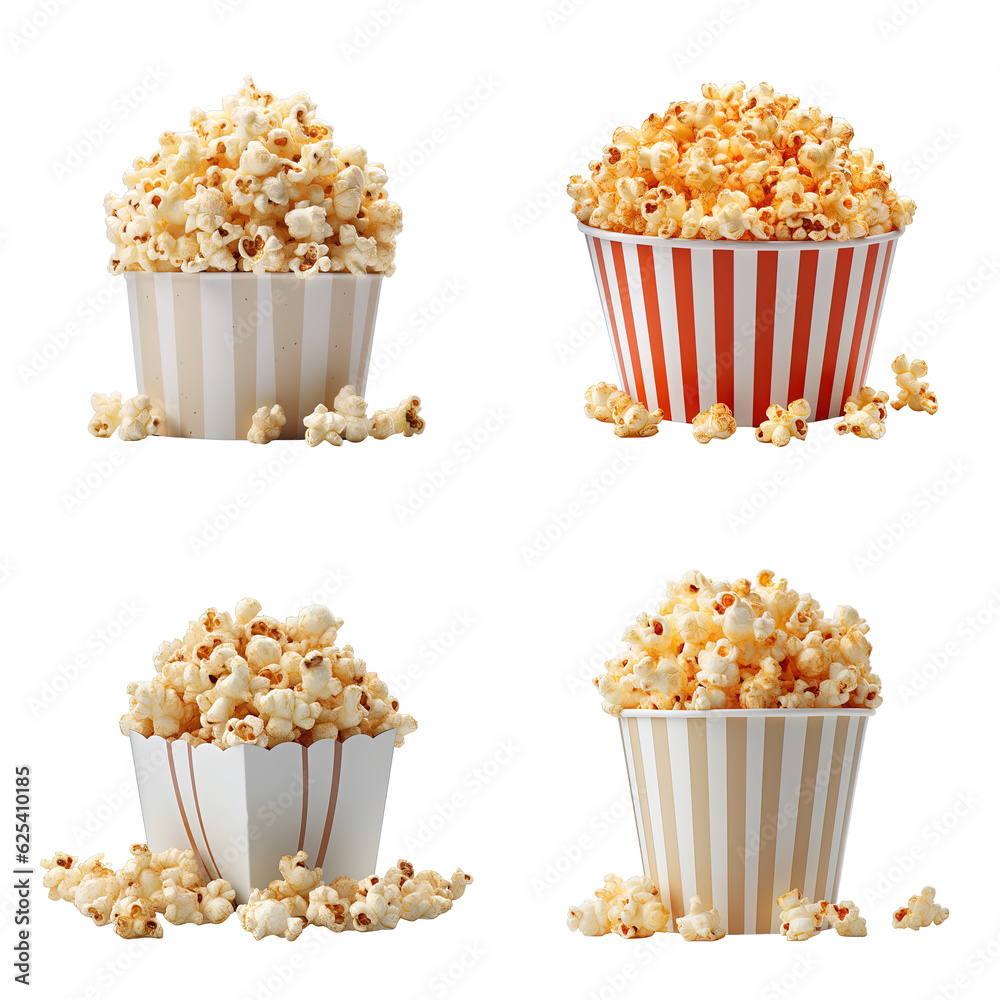 Popcorn in bucket collection isolated on transparent background Popcorn in bucket collection isolated on transparent background