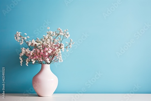 There is a white table with a glass vase containing blue gypsophila flowers. The background is a pink wall, creating a decorative element for a home.
